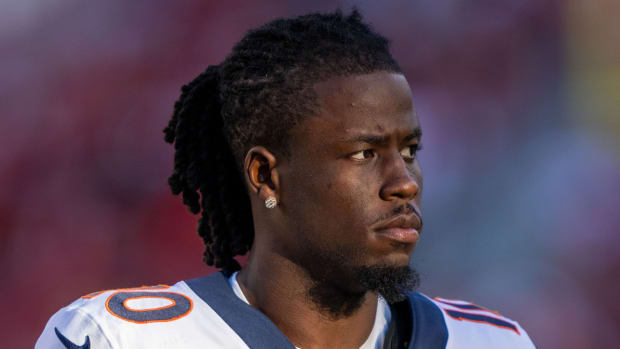 Broncos receiver Jerry Jeudy leaves the field at halftime.